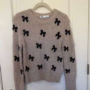 Zara Tan Sweater with Black Bow Details